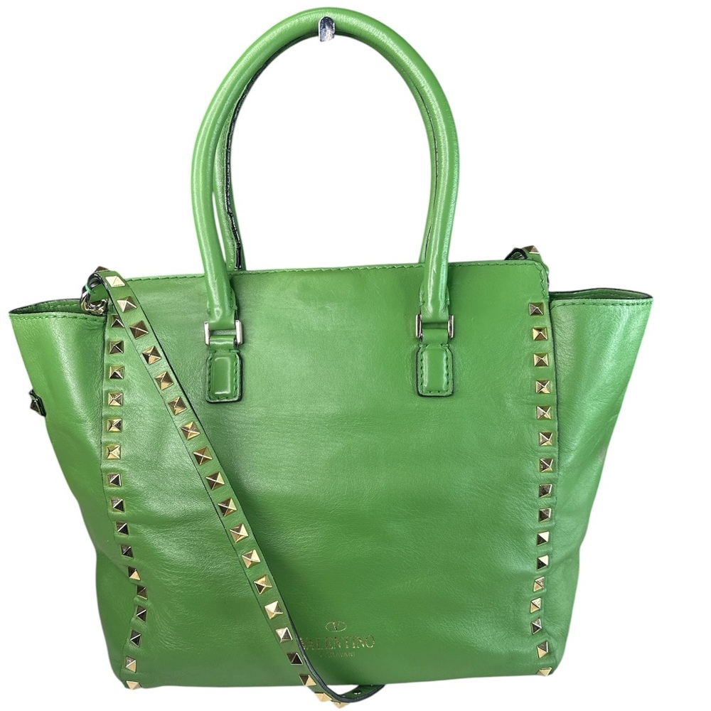 Valentino Green Studded Leather Tote Handbag - Picture 2 of 9